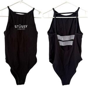 RARE Stussy Black Cotton Blend Embroidered Open Back 1-Piece Bodysuit - 12